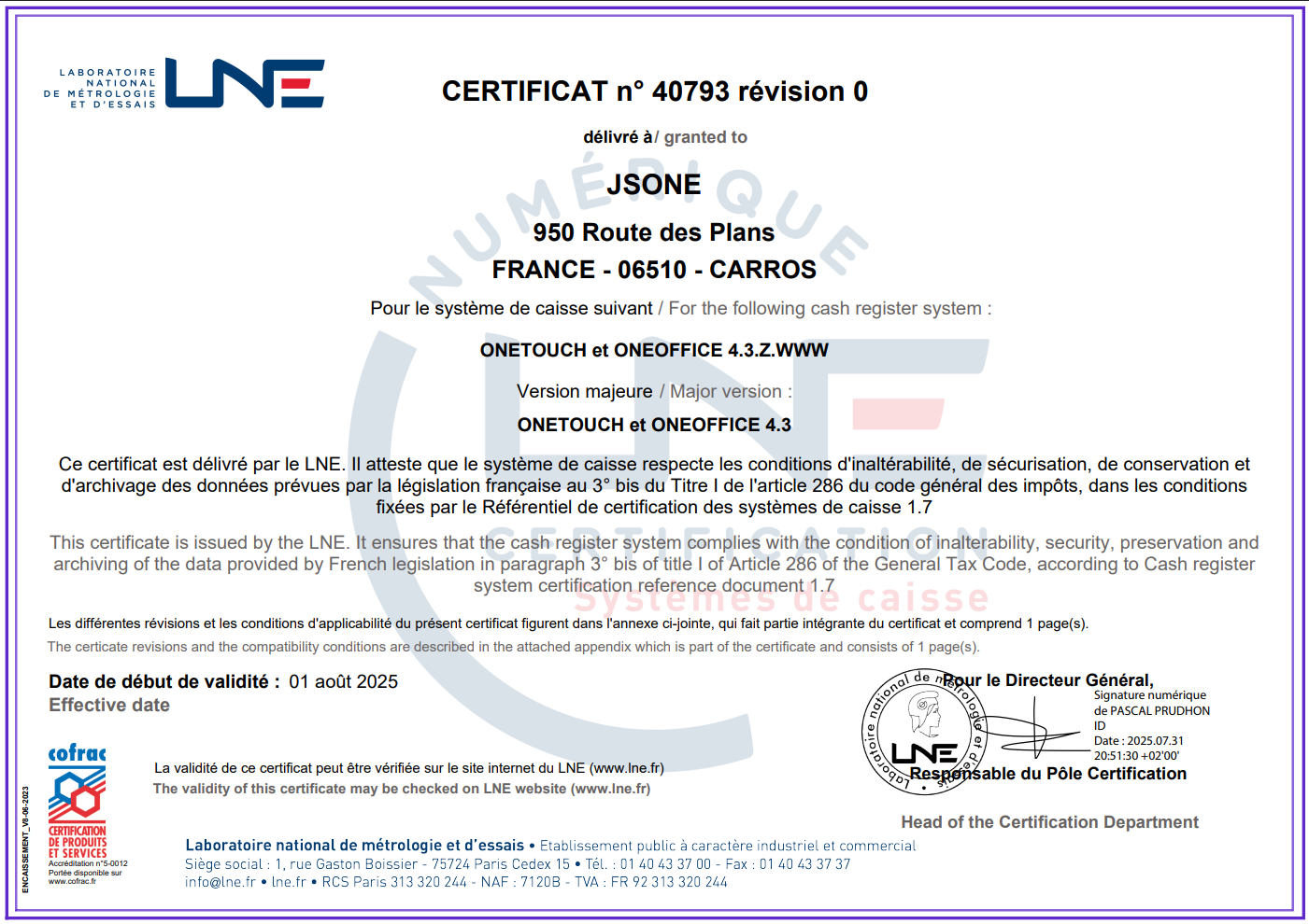 Aperçu du certificat LNE n° 40793-0